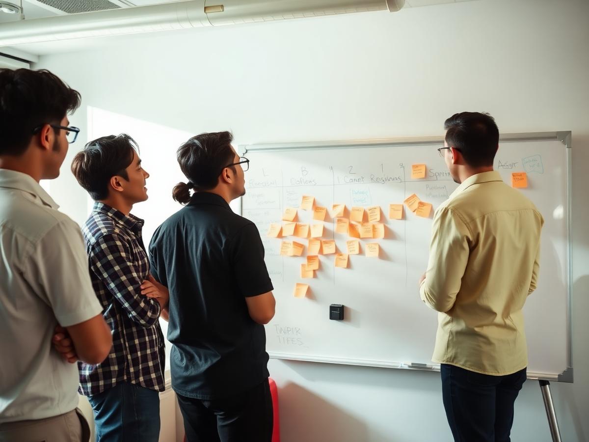 A remote team discussing work around a whiteboard